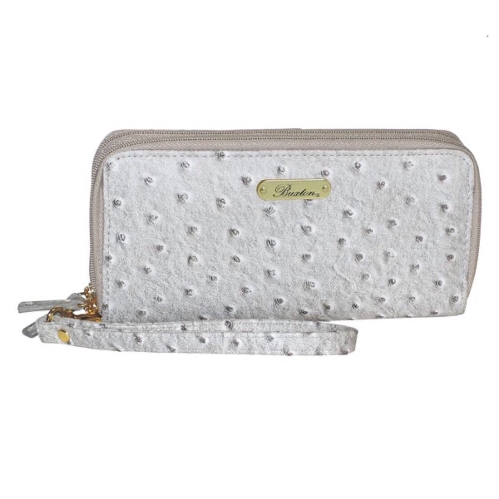 Buxton Ostrich double zip gray wristlet